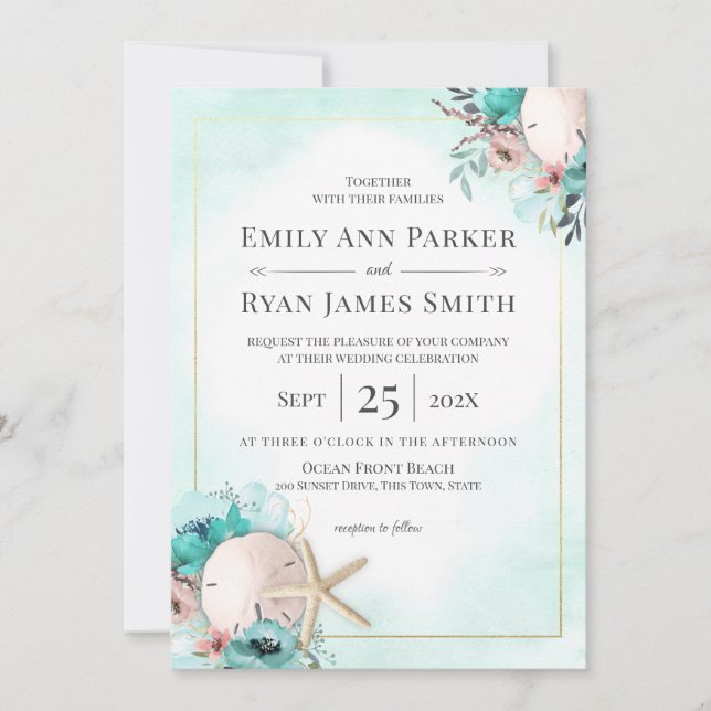 Sand Dollar and Starfish Seaglass Floral Beach Invitation (Front)
