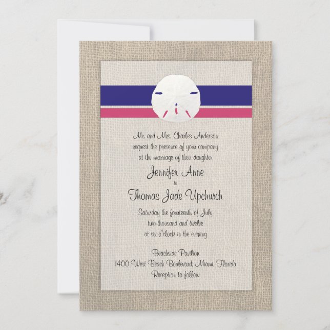 Sand Dollar Beach Wedding Invitation - 'Melon Navy (Front)