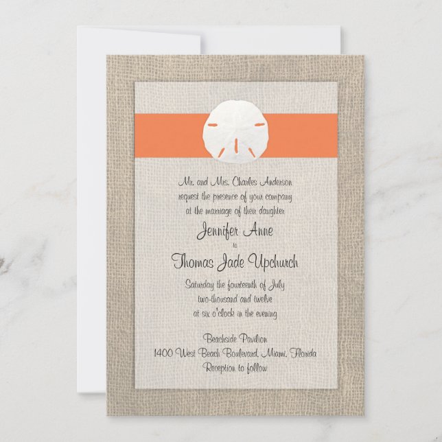Sand Dollar Beach Wedding Invitation - Orange (Front)
