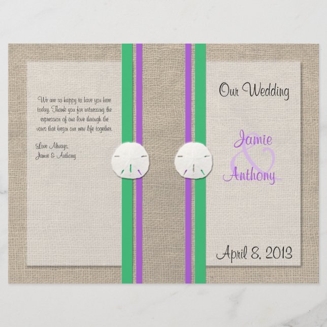 Sand Dollar Beach Wedding Program - Purple Green (Front)