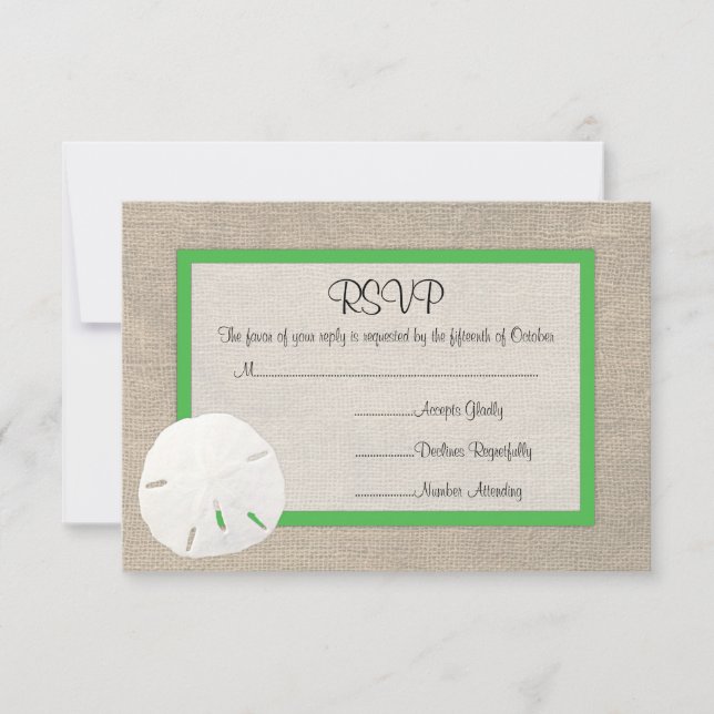Sand Dollar Beach Wedding RSVP card - Green (Front)