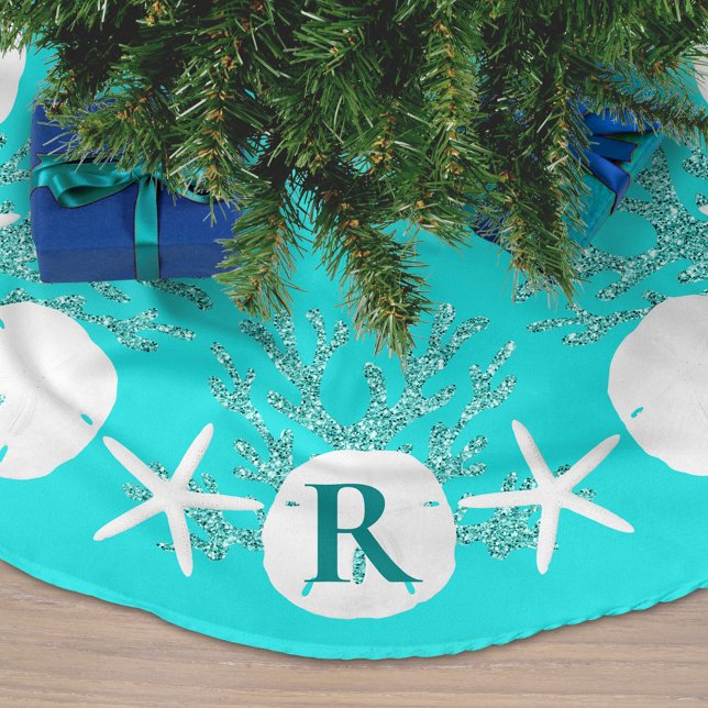 Sand Dollar Christmas Aqua Blue Monogram Brushed Polyester Tree Skirt (Creator Uploaded)