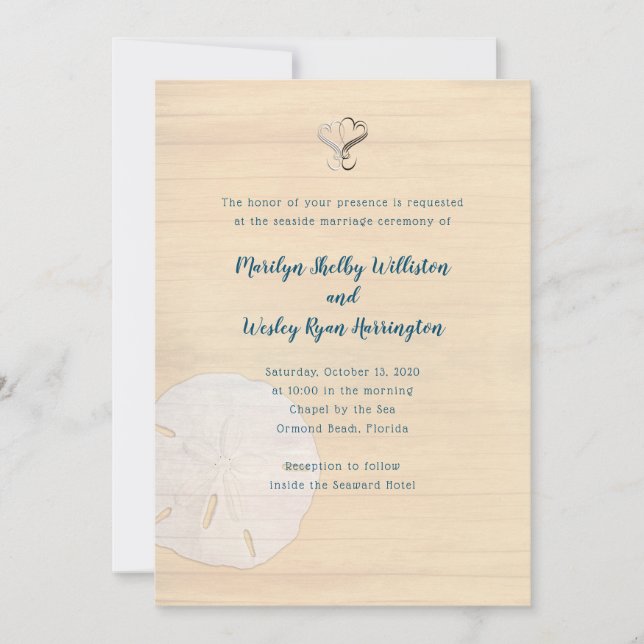 Sand Dollar Hearts Wood Beach Ceremony Wedding Invitation (Front)