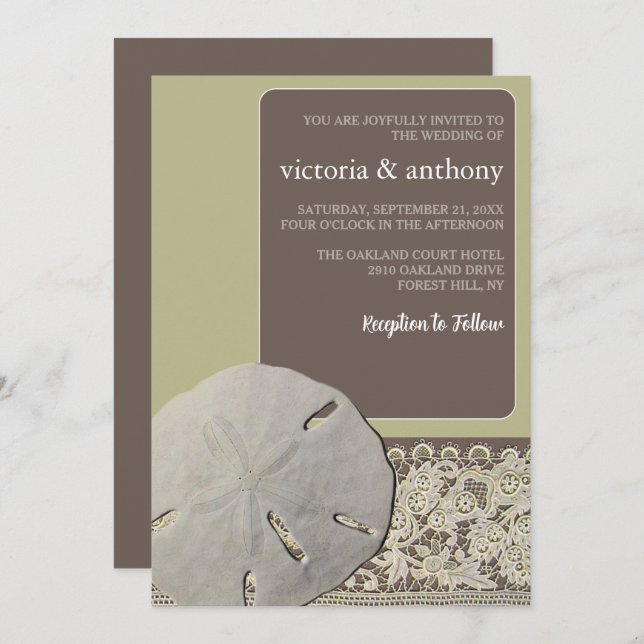 Sand dollar Lace, Vintage Beach Wedding Invitation (Front/Back)