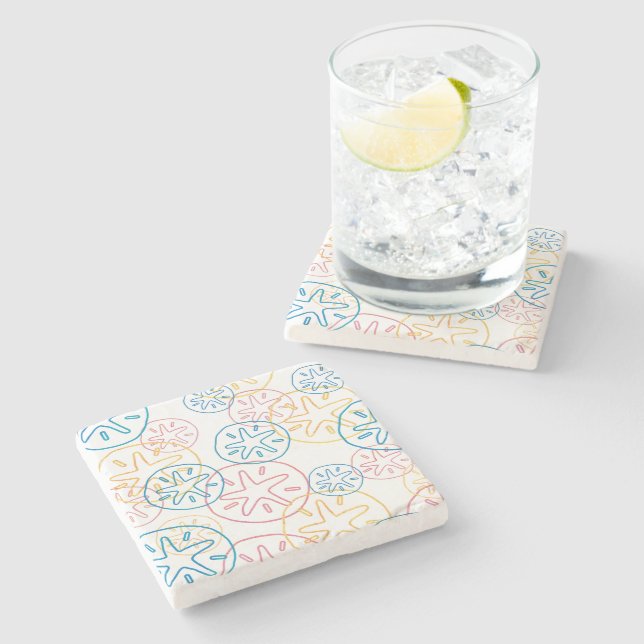 Sand Dollar Lines Red Yellow Blue Stone Coaster (Side)