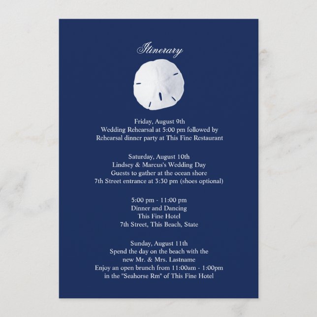 Sand Dollar Navy Blue Wedding Intinerary Program (Front)