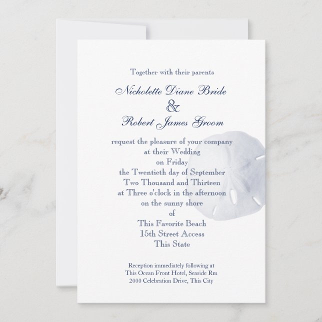 Sand Dollar Navy Blue Wedding Invitation (Front)
