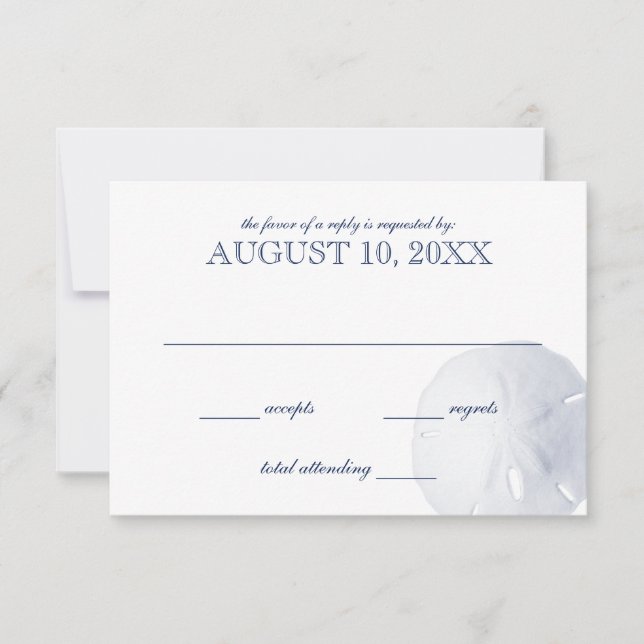 Sand Dollar Navy Blue Wedding RSVP Card (Front)