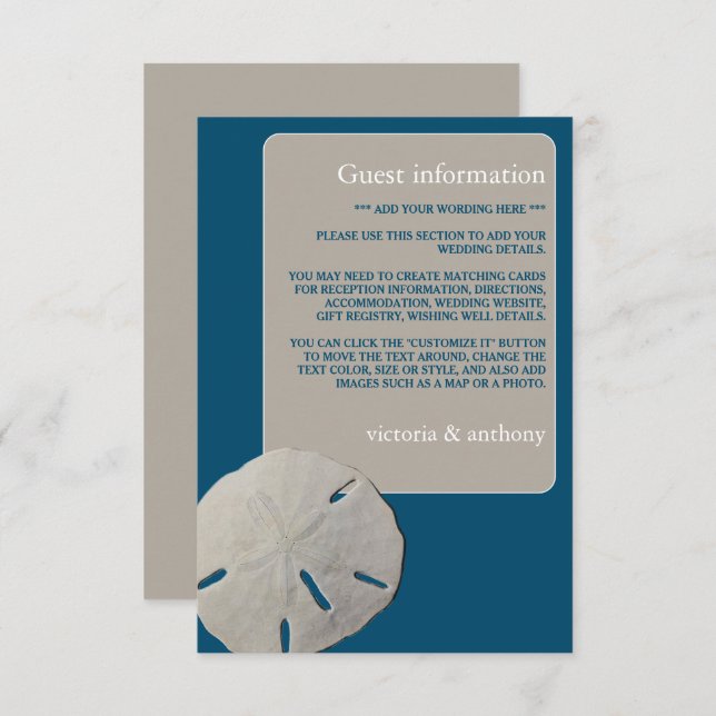 Sand dollar, Ocean Blue Beach Wedding Detail Enclosure Card (Front/Back)