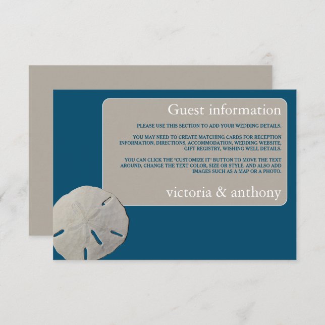 Sand dollar, Ocean Blue Beach Wedding Detail Enclosure Card (Front/Back)
