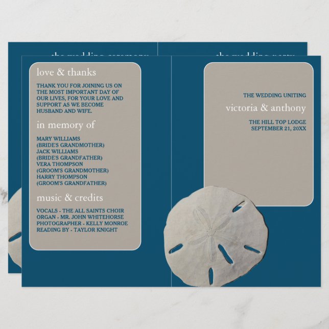 Sand dollar, Ocean Blue Beach Wedding Programme (Front/Back)