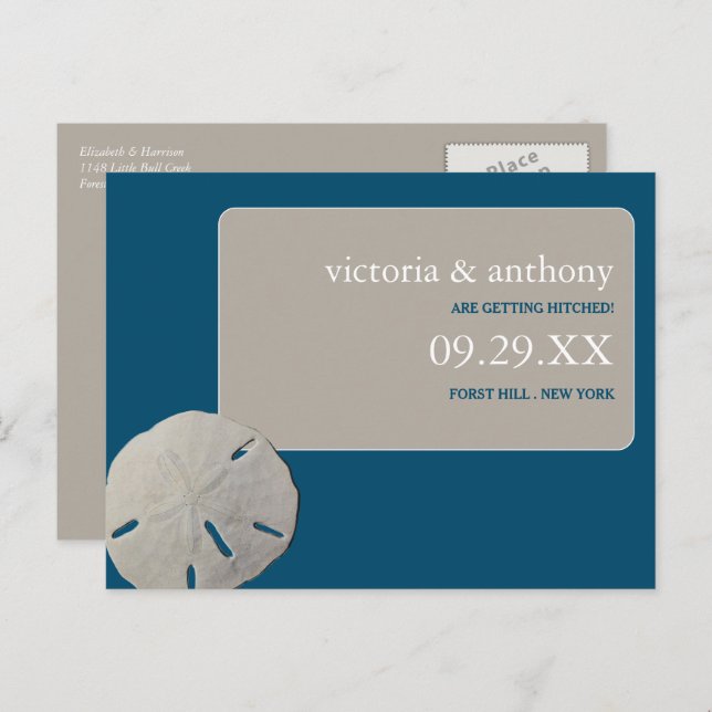 Sand dollar Ocean Blue Beach Wedding Save the Date Announcement Postcard (Front/Back)
