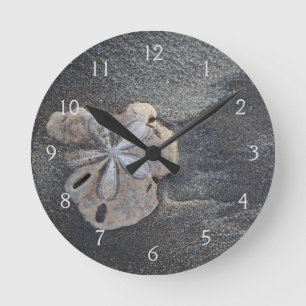 Sand dollar on sand round clock