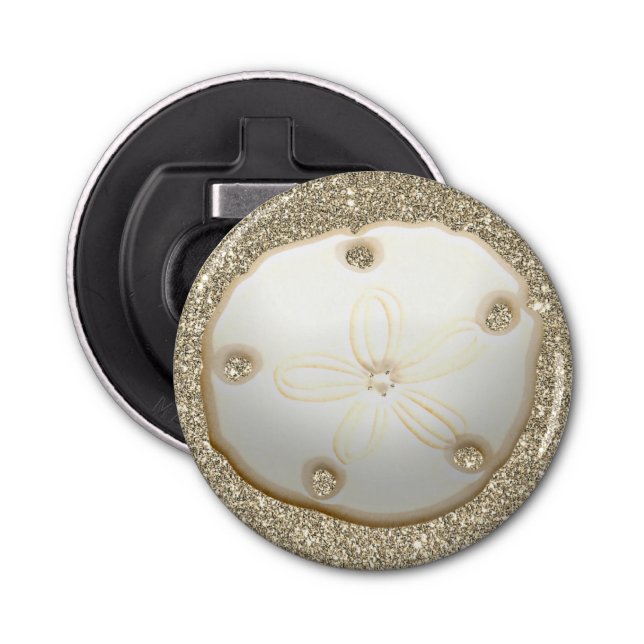 Sand dollar on sparkly gold look beach sand  bottle opener (Front)