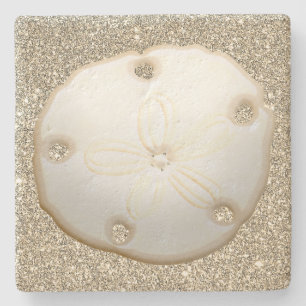 Sand dollar on sparkly look gold  beach sand stone coaster