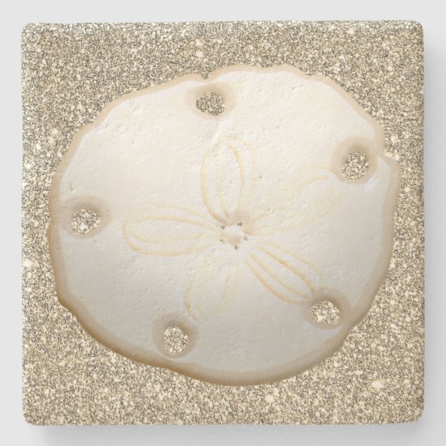 Sand dollar on sparkly look gold  beach sand stone coaster (Front)