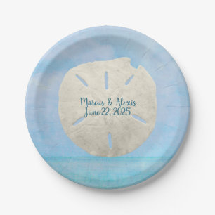 sand dollar on watercolor ocean paper plate