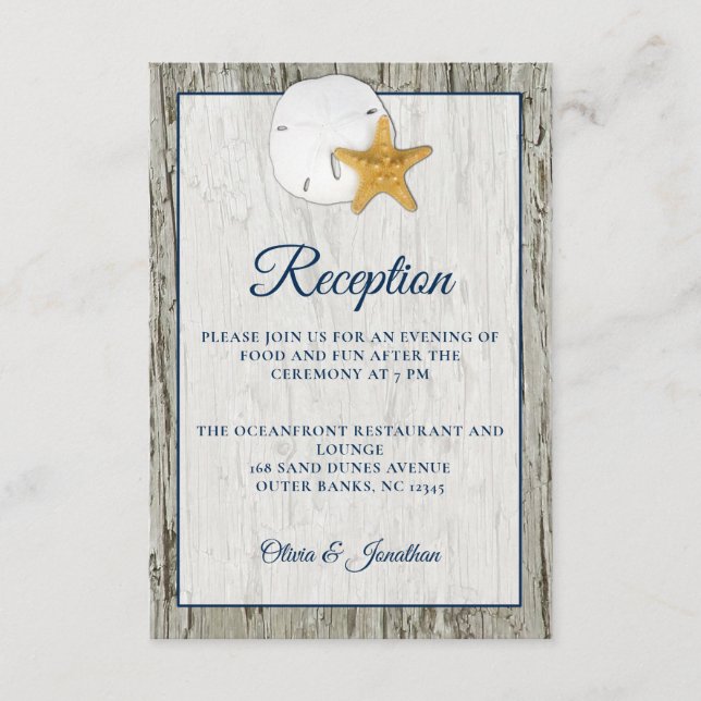 Sand Dollar Rustic Beach Wood Wedding Reception En Enclosure Card (Front)