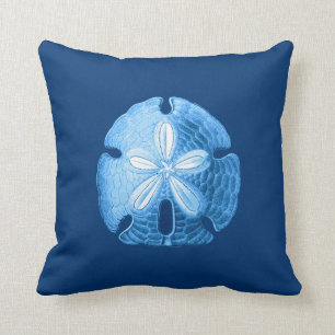 Sand Dollar Sea Life Print, Indigo Blue and White Cushion
