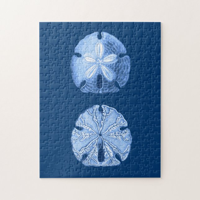 Sand Dollar Sea Life Print, Indigo Blue and White Jigsaw Puzzle (Vertical)
