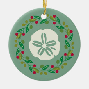 Sand Dollar Seashell Christmas Wreath Ceramic Ornament
