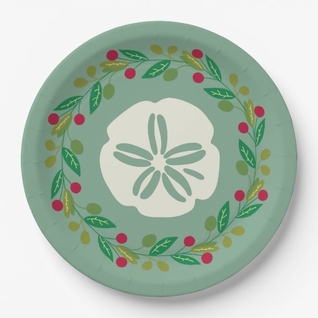 Sand Dollar Seashell Christmas Wreath Paper Plate (Front)