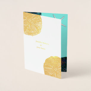 Sand Dollar Seashells Teal Abstract Beach Wedding Foil Card