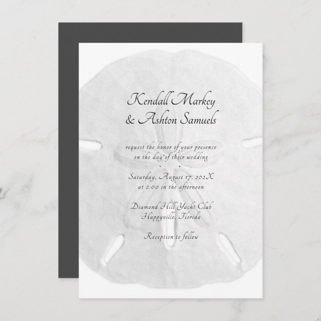 Sand Dollar Simple Neutral Black and White Wedding Invitation (Front/Back)
