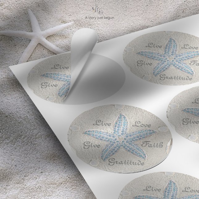 Sand Dollar Starfish Gem Classic Round Sticker (Elegant starfish gem sticker, reminiscent of a sand dollar, with customizable words for your wedding)