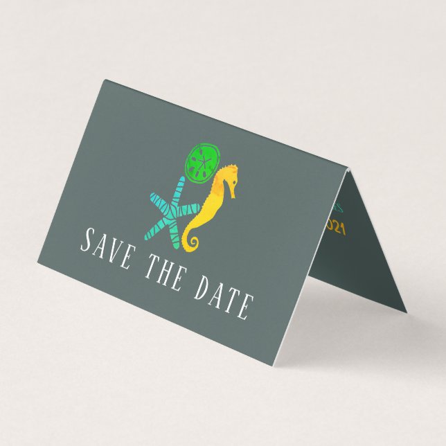 Sand Dollar, Starfish, Seahorse Save The Date Card (Front)