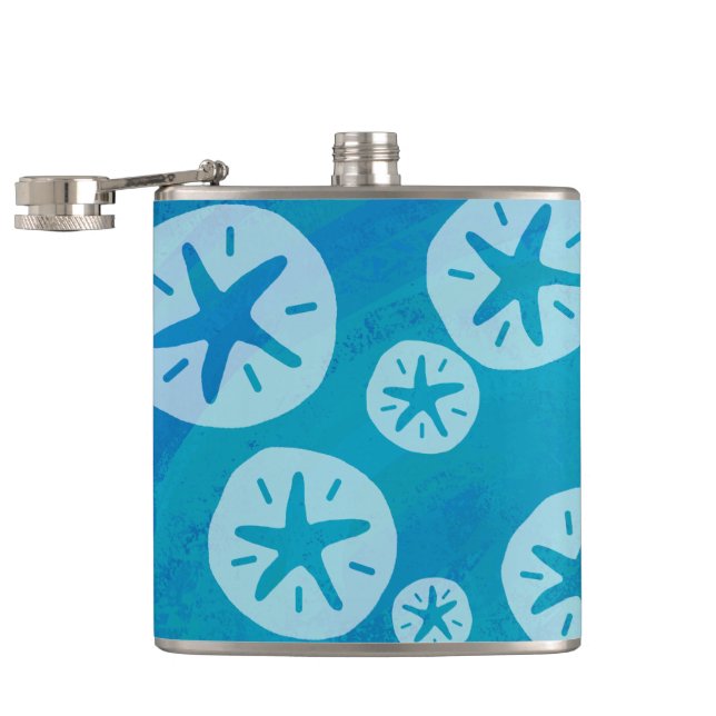 Sand Dollar White and Blue Pattern Hip Flask (Opened)