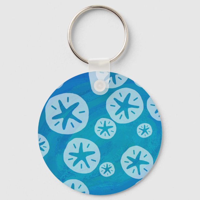 Sand Dollar White and Blue Pattern Key Ring (Front)