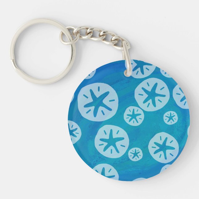 Sand Dollar White and Blue Pattern Key Ring (Front)