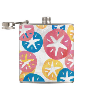 Sand Dollar Yellow Red Blue Pattern Hip Flask
