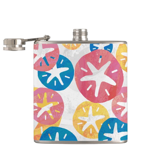 Sand Dollar Yellow Red Blue Pattern Hip Flask (Opened)