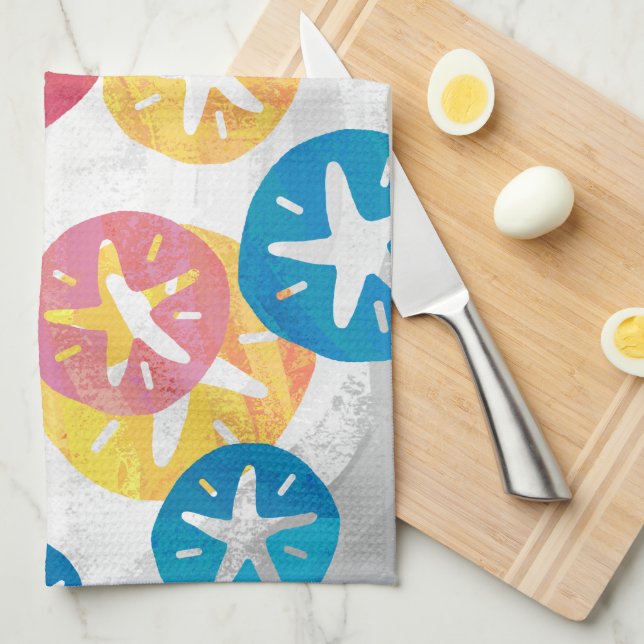 Sand Dollar Yellow Red Blue Pattern Tea Towel (Quarter Fold)