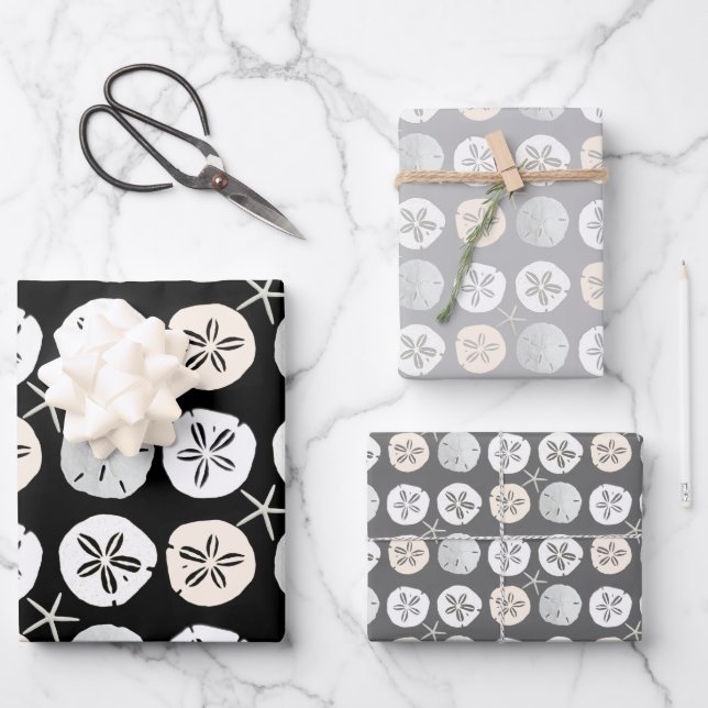 Sand Dollars Black and Grey Pattern Wrapping Paper Sheet (Front)