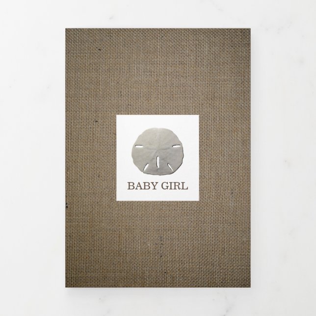 Sand Dollars & Burlap, 5 Photo Collage Baby Birth Tri-Fold Announcement (Cover)