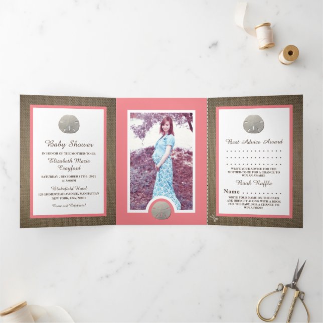 Sand Dollars & Burlap, Beach Baby Shower Suite Tri-Fold Invitation (Inside)
