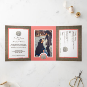 Sand Dollars & Burlap, Coral Beach Wedding Suite Tri-Fold Invitation
