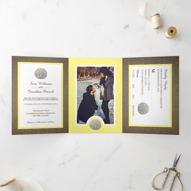 Sand Dollars & Burlap, Lemon Beach Wedding Suite Tri-Fold Invitation (Inside)