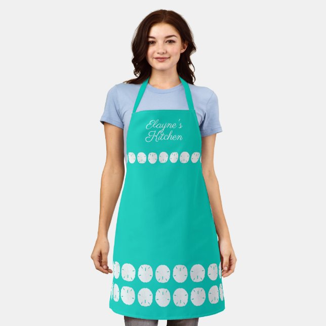 Sand Dollars Personalised Turquoise Kitchen Apron (Worn)