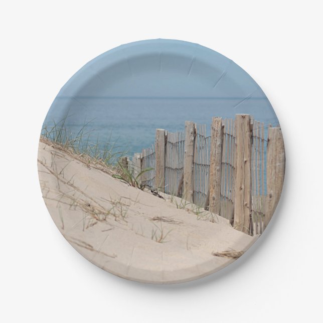 Sand dunes and beach fence paper plate (Front)