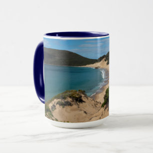 Sand dunes and beautiful blue bay mug