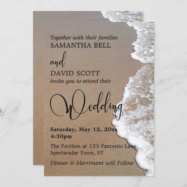 Sand & Foam Beach Photo, Typography Wedding 1 Invitation (Front/Back)