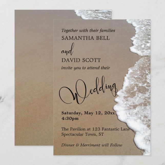 Sand & Foam Beach Photo, Typography Wedding 1b Invitation (Front/Back)