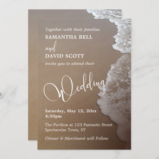 Sand & Foam Beach Photo & Typography Wedding 2b Invitation (Front/Back)