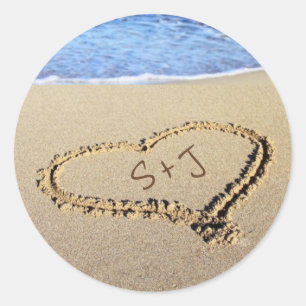 Sand Heart Initials Beach Destination Wedding Classic Round Sticker