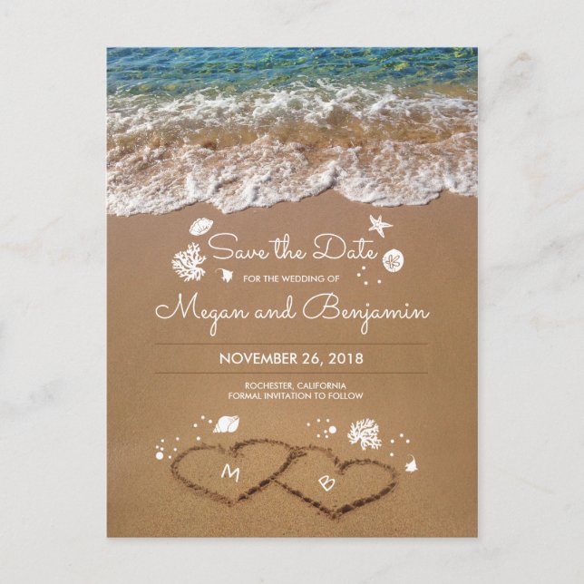 Sand Hearts Beach Summer Save The Date Announcement Postcard (Front)
