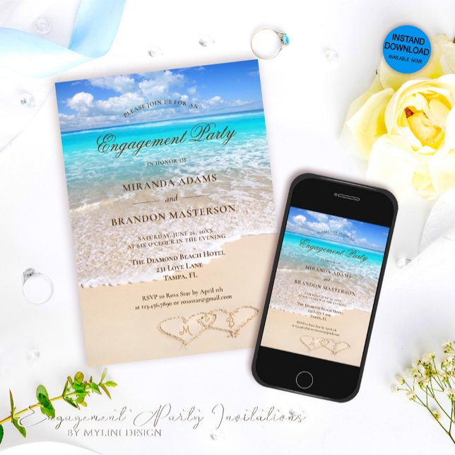 Sand Hearts Blue Ocean Beach Engagement Party Invitation (Creator Uploaded)